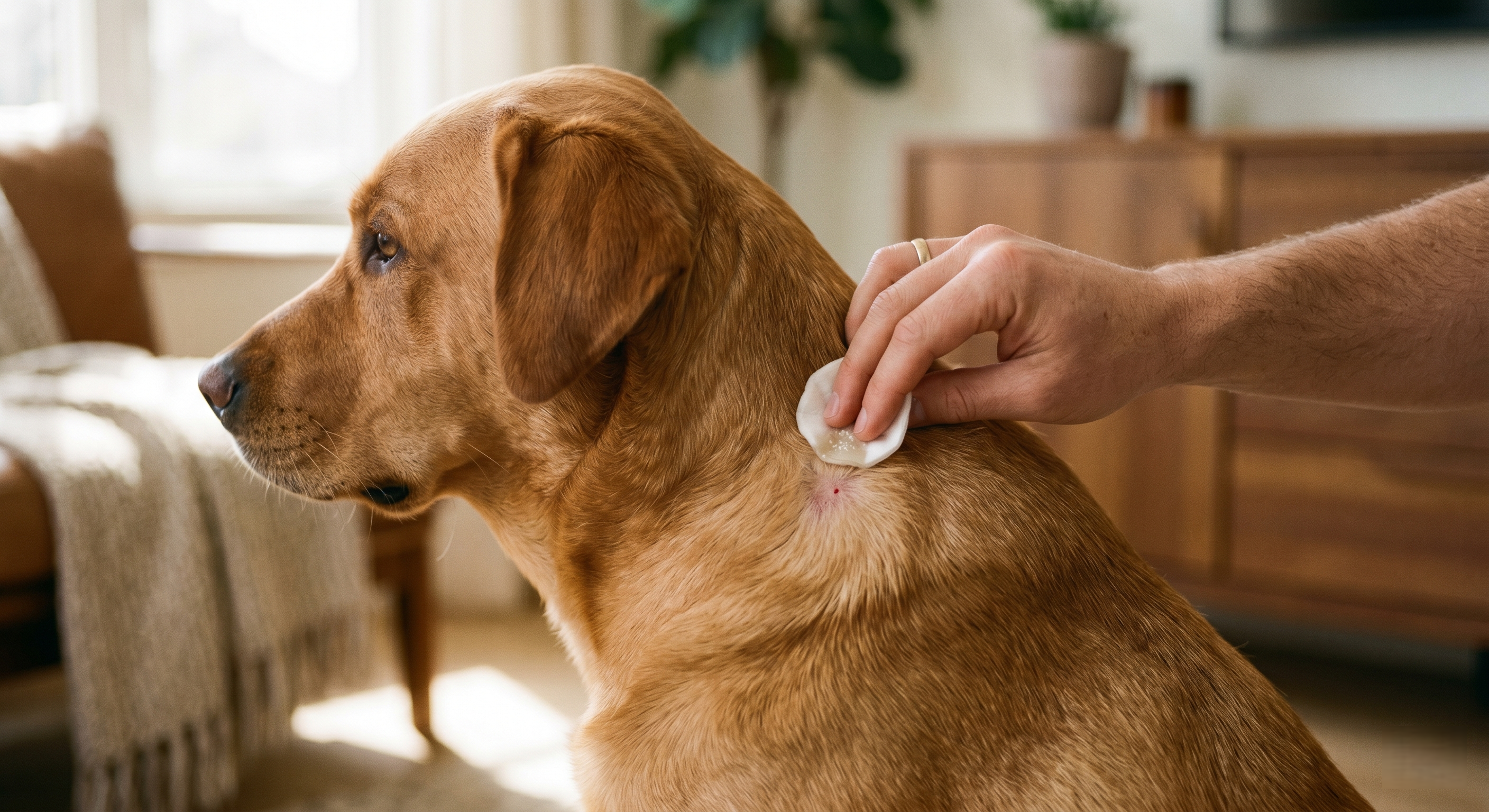 Zeckenbiss beim Hund nachsorgen: Desinfektion der Hautstelle